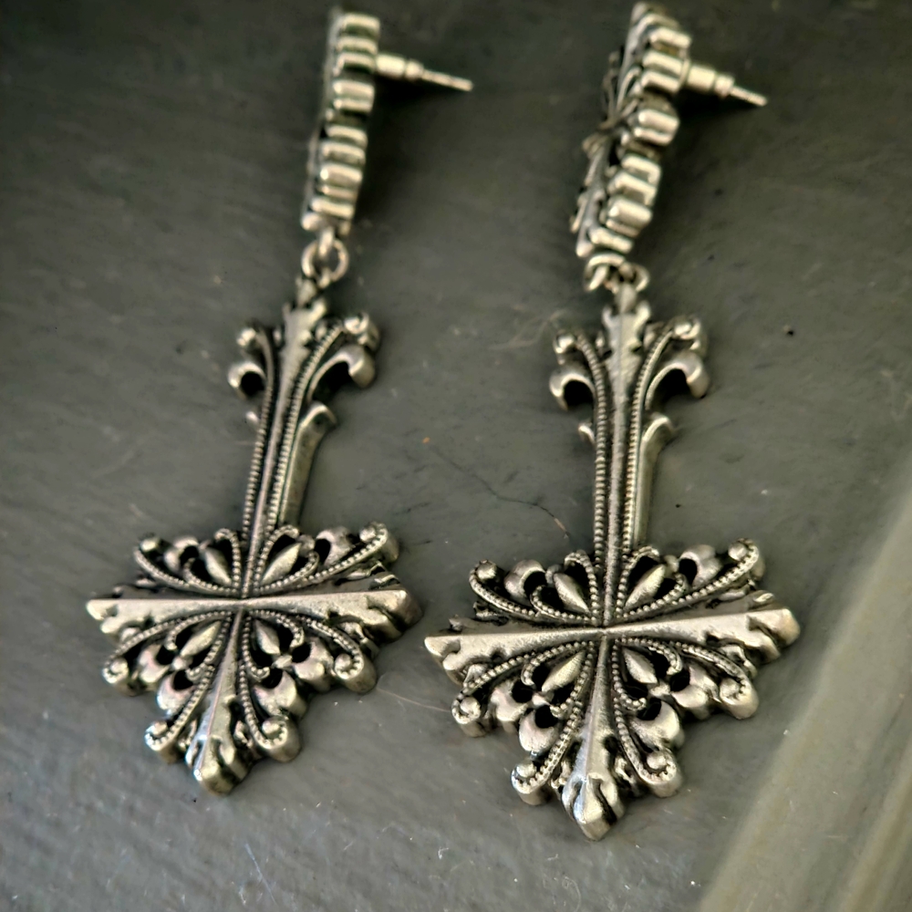 Antique Style Silver Cross Earrings - Picture 2 of 5
